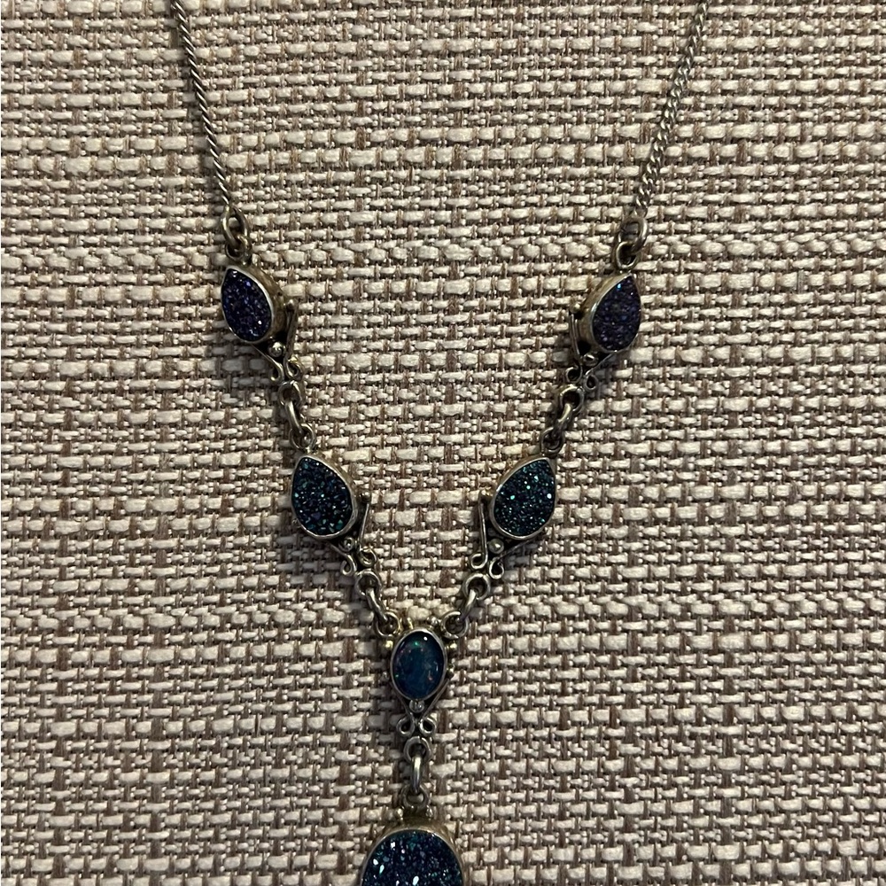 Sterling Silver Druzy stones necklace with chain.